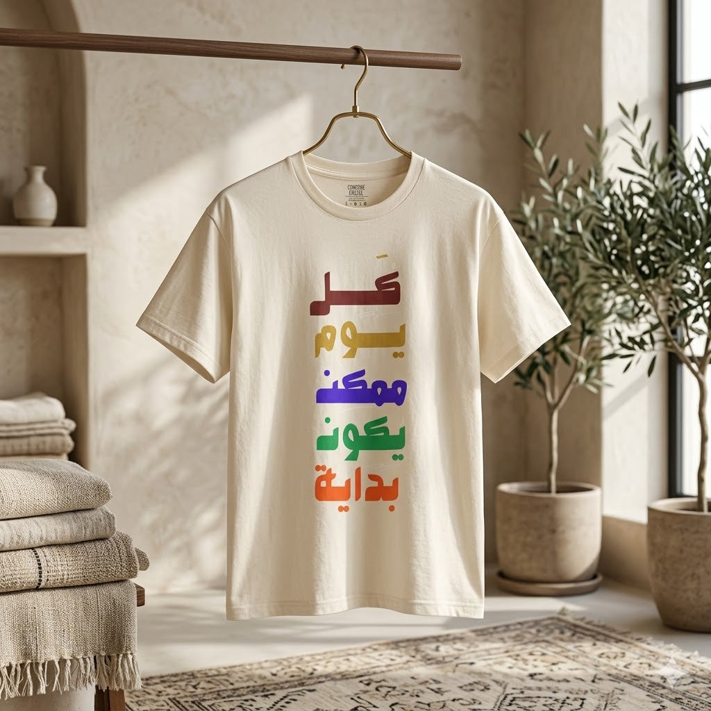 Arabic Rainbow Text T-Shirt – "كل يوم ممكن يكون بداية" Inspirational Tee