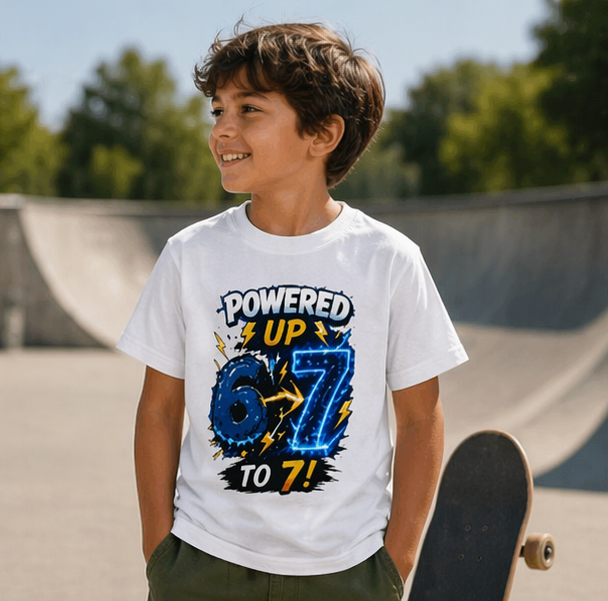 Powered Up 6 to 7" Birthday Shirt, Gamer Lightning Graphic
