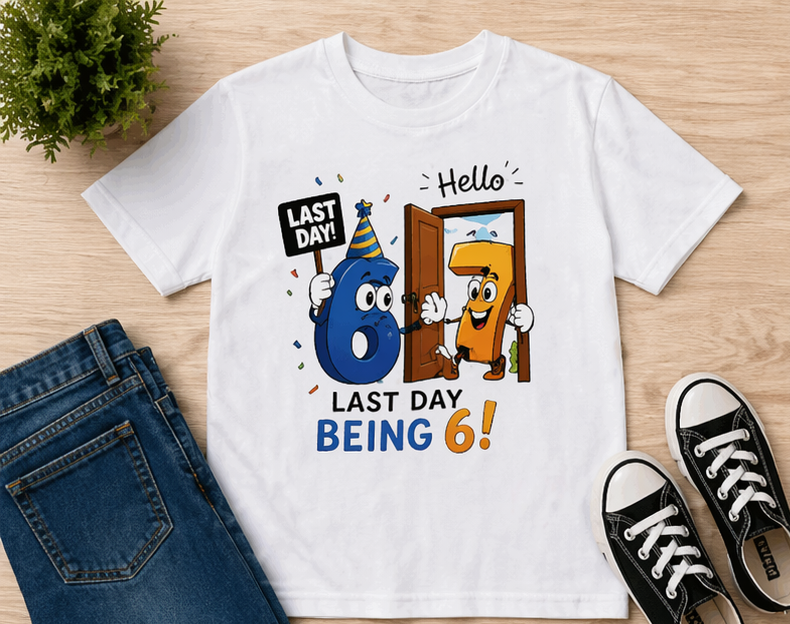 Kids 6th Birthday T-Shirt - "Last Day Being 6" Cute Cartoon Tee for Boys & Girls