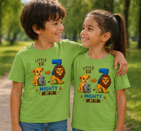 Little at 6, Mighty at 7" Lion Cub Birthday Shirt