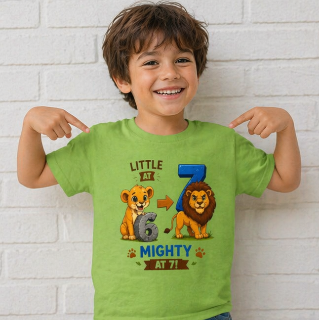 Little at 6, Mighty at 7" Lion Cub Birthday Shirt