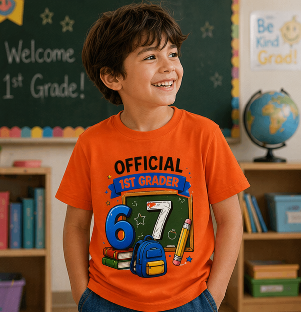 Official 1st Grader" Back-to-School Shirt with Chalkboard & School Supplies Design 67