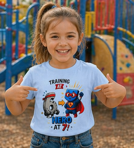 Kids Tee — "Training at 6, Hero at 7!" Superhero Birthday Shirt 67
