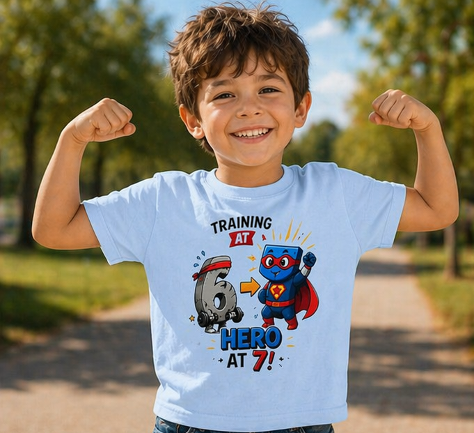 Kids Tee — "Training at 6, Hero at 7!" Superhero Birthday Shirt 67