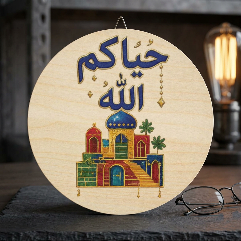 Wood Sign - Arabic 'Hayyakum Allah' Decorative Round Welcome Plaque (Islamic Home Décor, Ramadan & Eid Gift)