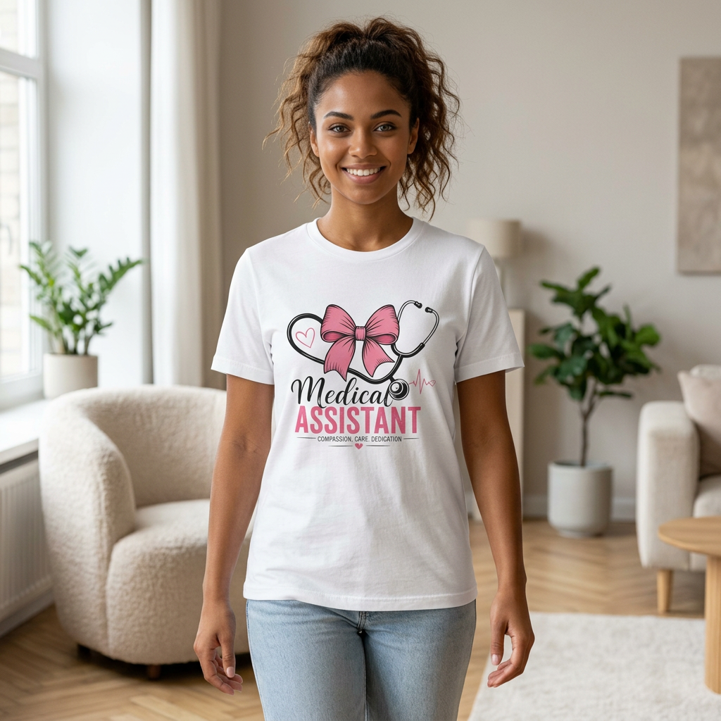 Medical Assistant T‑Shirt — Pink Stethoscope & Bow Nursing Tee