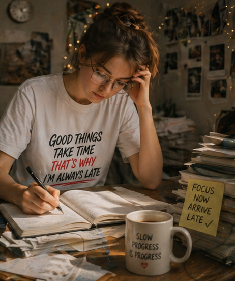 Funny Quote T‑Shirt — "Good Things Take Time That’s Why I’m Always Late" Graphic Tee