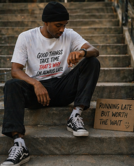 Funny Quote T‑Shirt — "Good Things Take Time That’s Why I’m Always Late" Graphic Tee