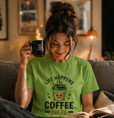 Coffee Helps unisex T-Shirt — "Life Happens" Cute Coffee Cup Graphic Tee