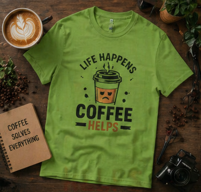 Coffee Helps unisex T-Shirt — "Life Happens" Cute Coffee Cup Graphic Tee