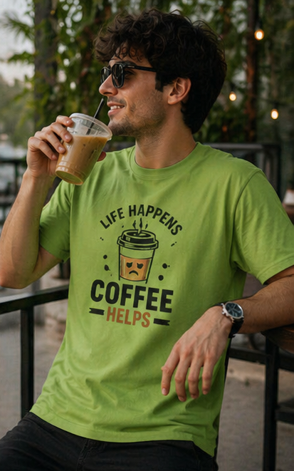 Coffee Helps unisex T-Shirt — "Life Happens" Cute Coffee Cup Graphic Tee