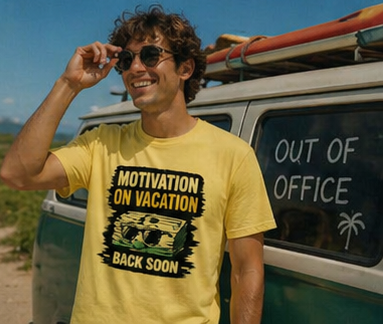 Motivation On Vacation UnisexT-Shirt — "Back Soon" Humorous Travel Tee