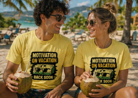 Motivation On Vacation UnisexT-Shirt — "Back Soon" Humorous Travel Tee
