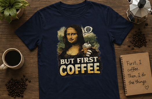 But First Coffee T-Shirt — Mona Lisa Coffee Graphic Tee