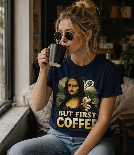 But First Coffee T-Shirt — Mona Lisa Coffee Graphic Tee