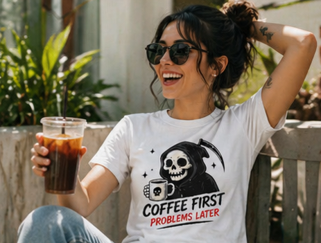 Coffee First, Problems Later Unisex T-Shirt — Grim Reaper Coffee Tee
