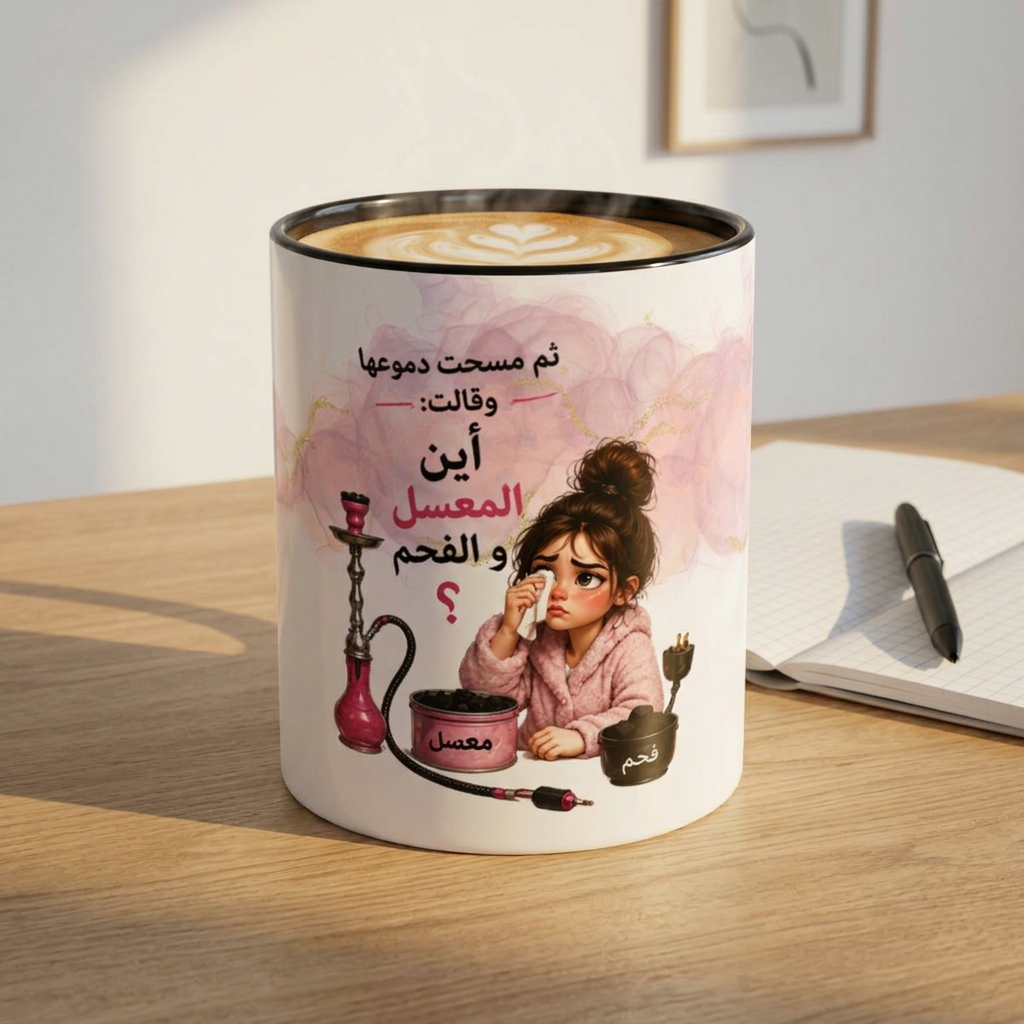 Arabic Coffee Mug - Cute Girl Smoking Hookah Illustration with Arabic Text