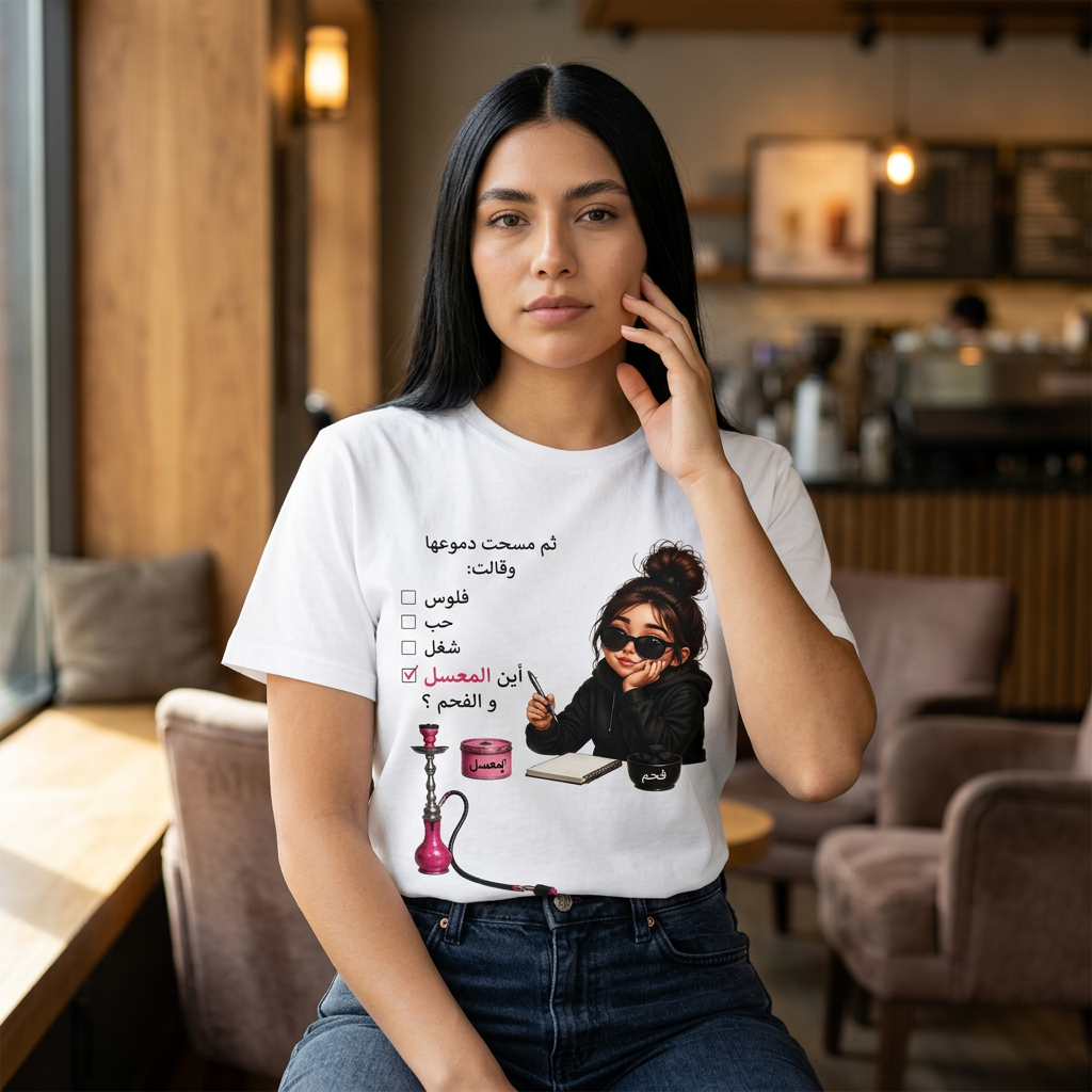 Arabic Café Vibes T-Shirt — Chill Girl with Hookah & To-Do List