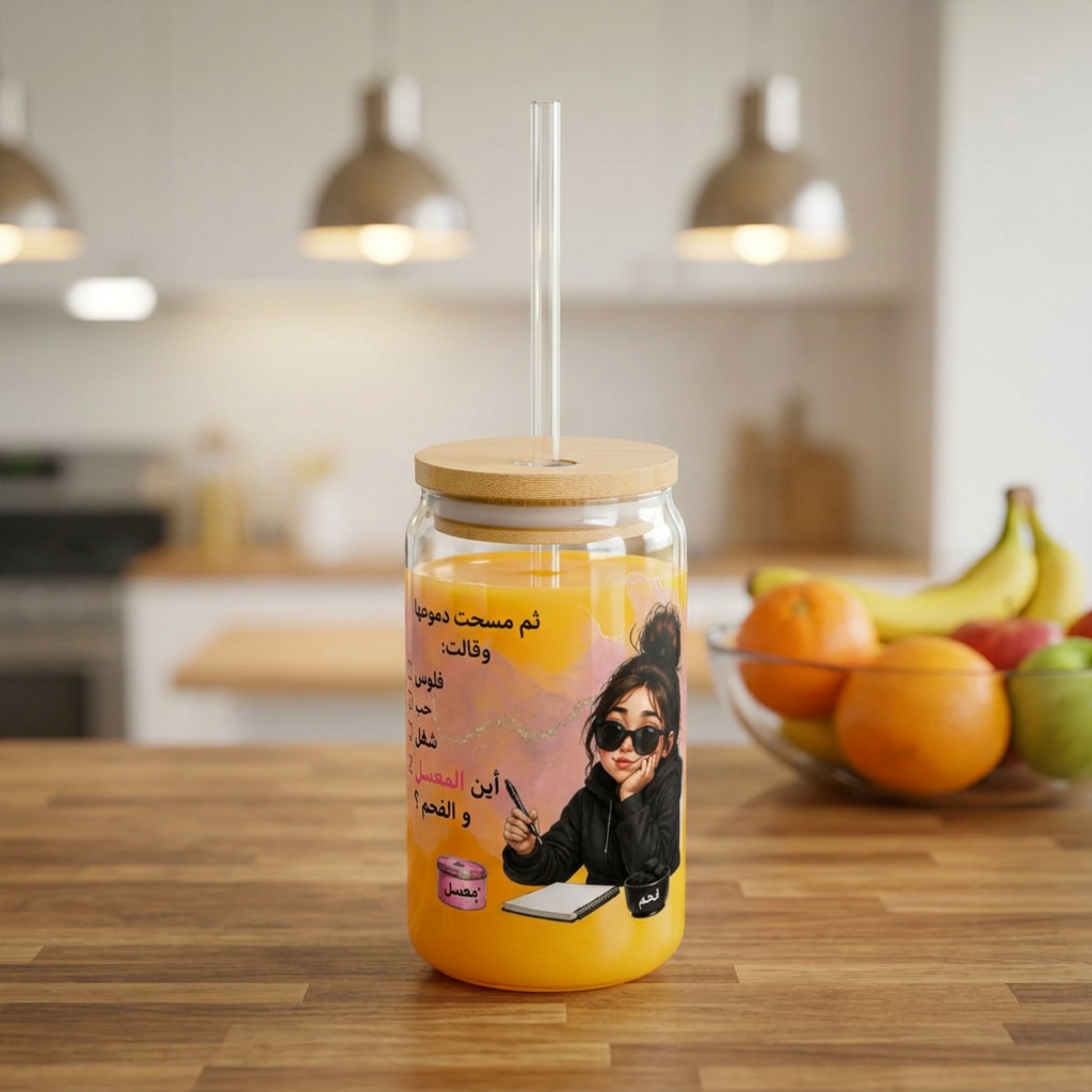 16oz Glass Sipper with Arabic Girl Illustration & Motivational Text