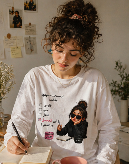 Long Sleeve Tee — Arabic Checklist Graphic with Chic Girl Illustration