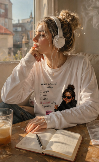 Long Sleeve Tee — Arabic Checklist Graphic with Chic Girl Illustration