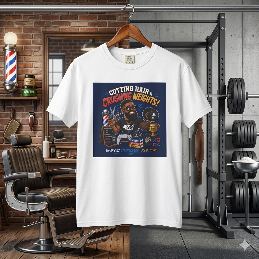 Barber & Gym Retro Graphic T-Shirt — "Cutting Hair & Crushing Weights"