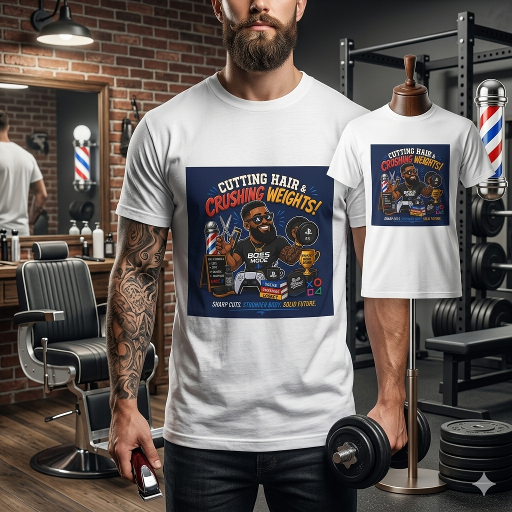 Barber & Gym Retro Graphic T-Shirt — "Cutting Hair & Crushing Weights"