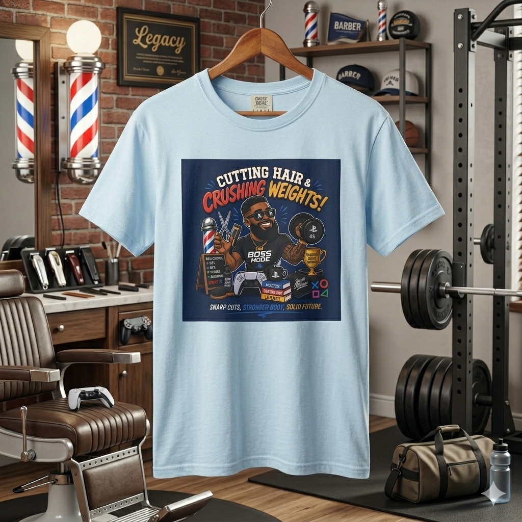Barber & Gym Retro Graphic T-Shirt — "Cutting Hair & Crushing Weights"