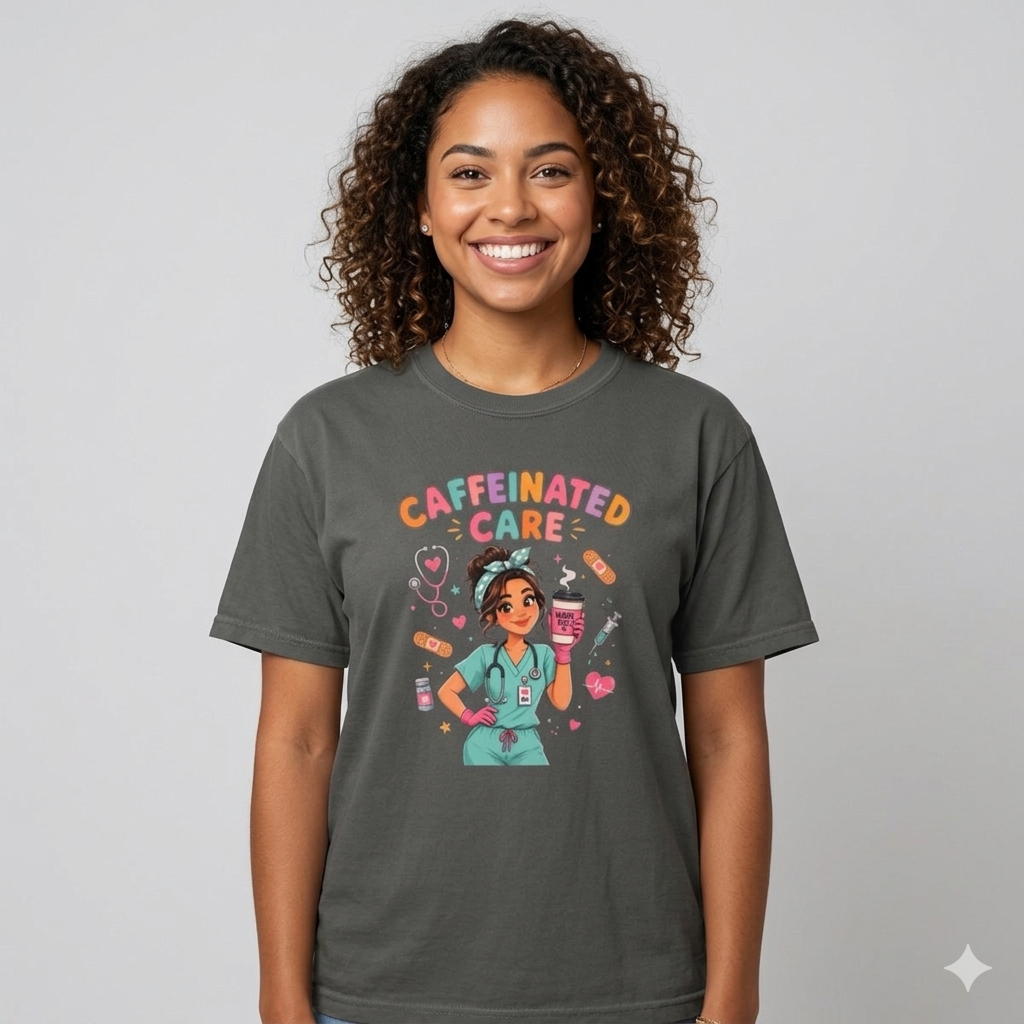 Caffeinated Care Nurse T-Shirt – Funny Medical Coffee Tee for Healthcare Workers