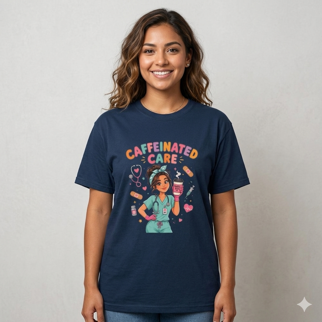 Caffeinated Care Nurse T-Shirt – Funny Medical Coffee Tee for Healthcare Workers