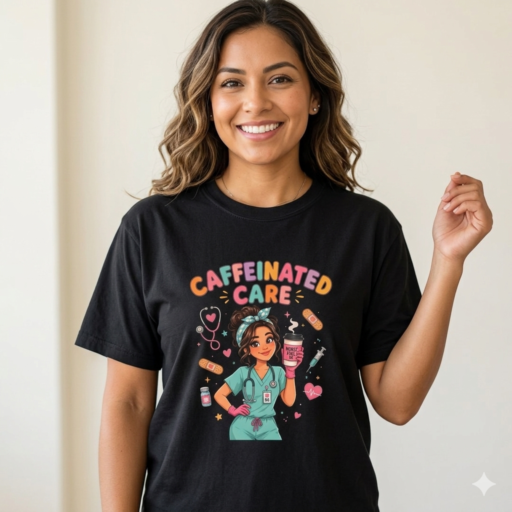 Caffeinated Care Nurse T-Shirt – Funny Medical Coffee Tee for Healthcare Workers