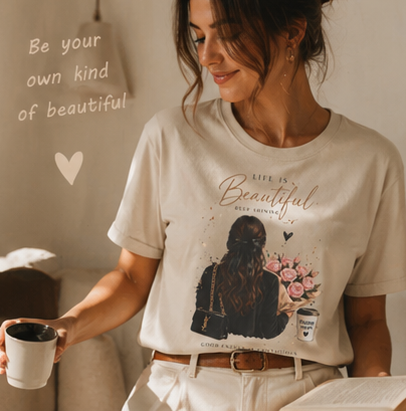 Life Is Beautiful Tee — Woman with Flowers Graphic T-Shirt