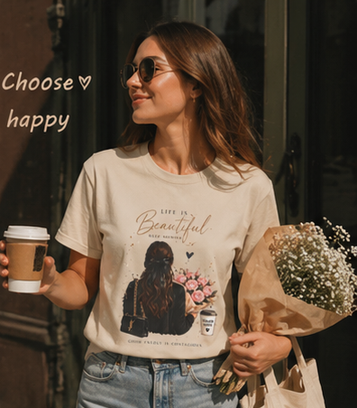 Life Is Beautiful Tee — Woman with Flowers Graphic T-Shirt