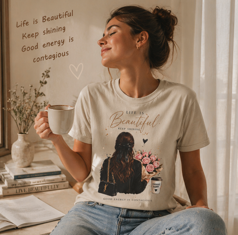Life Is Beautiful Tee — Woman with Flowers Graphic T-Shirt