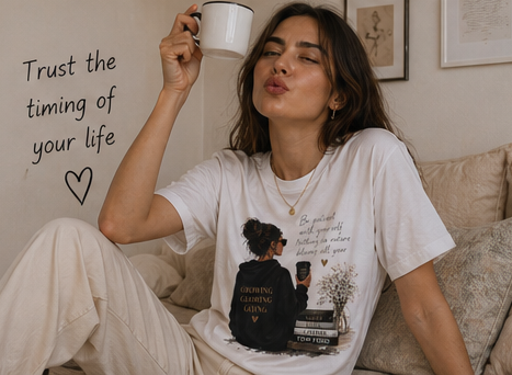Cozy Reading Girl T-Shirt — "Growing, Glowing, Going" Literary Graphic Tee