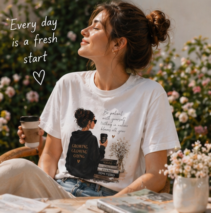 Cozy Reading Girl T-Shirt — "Growing, Glowing, Going" Literary Graphic Tee