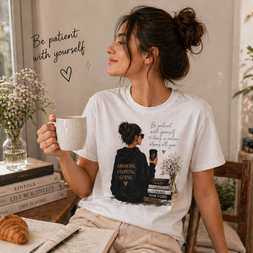 Cozy Reading Girl T-Shirt — "Growing, Glowing, Going" Literary Graphic Tee