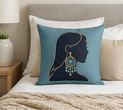 Boho Silhouette Throw Pillowcase — Teal Portrait with Statement Earring
