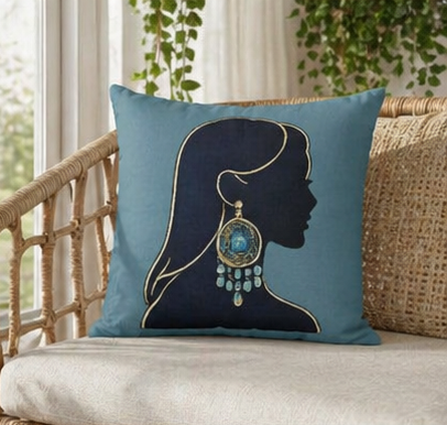 Boho Silhouette Throw Pillowcase — Teal Portrait with Statement Earring