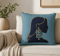 Boho Silhouette Throw Pillowcase — Teal Portrait with Statement Earring