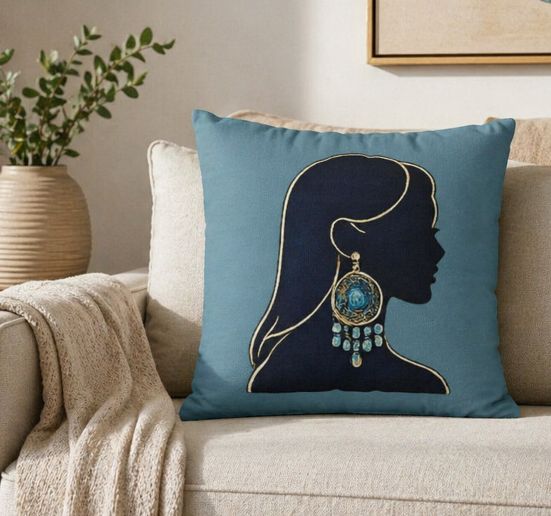 Boho Silhouette Throw Pillowcase — Teal Portrait with Statement Earring