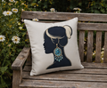 Silhouette Woman Decorative Pillowcase — Blue Statement Earring Accent