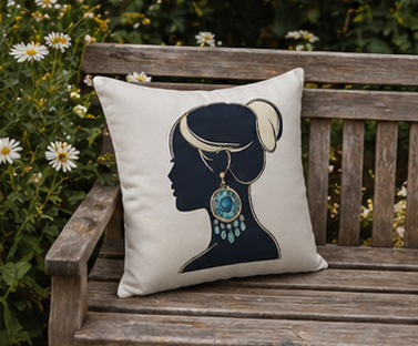 Silhouette Woman Decorative Pillowcase — Blue Statement Earring Accent