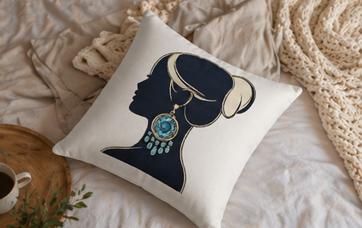 Silhouette Woman Decorative Pillowcase — Blue Statement Earring Accent