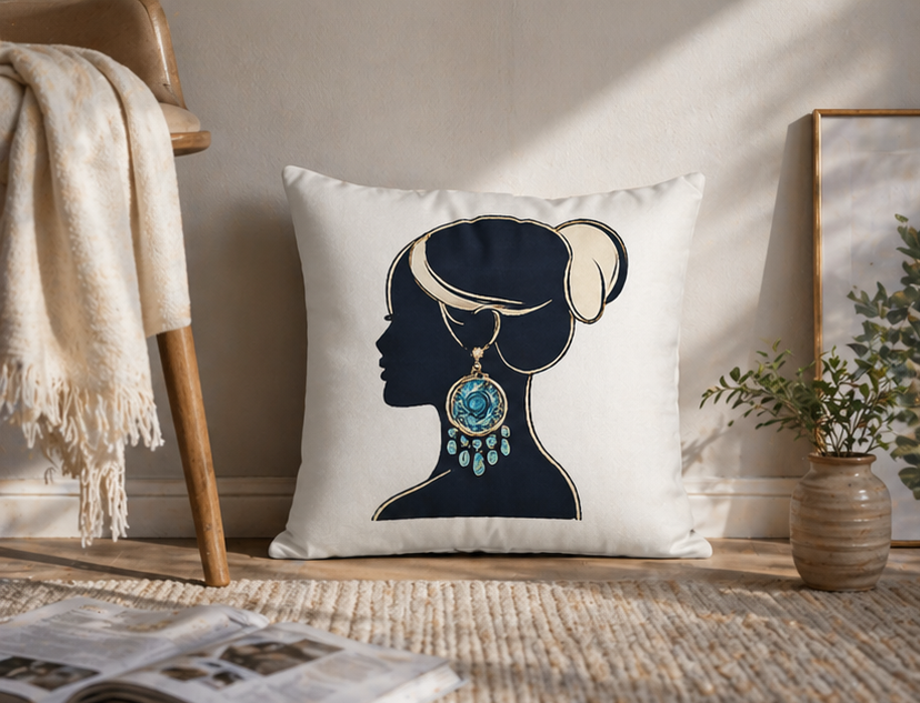 Silhouette Woman Decorative Pillowcase — Blue Statement Earring Accent