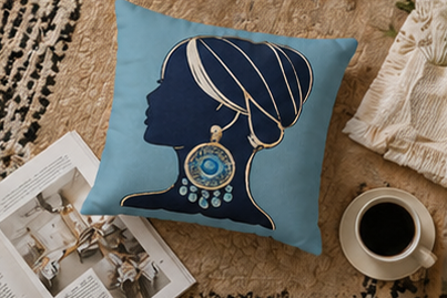 Silhouette Goddess Decorative Pillowcase — Turquoise Profile with Statement Earring
