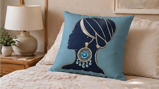 Silhouette Goddess Decorative Pillowcase — Turquoise Profile with Statement Earring