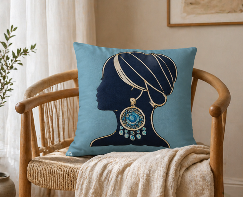 Silhouette Goddess Decorative Pillowcase — Turquoise Profile with Statement Earring