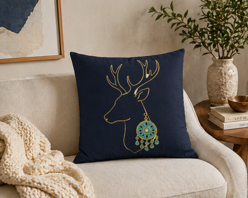 Boho Deer Dreamcatcher Pillowcase — Navy Decorative Throw Pillow
