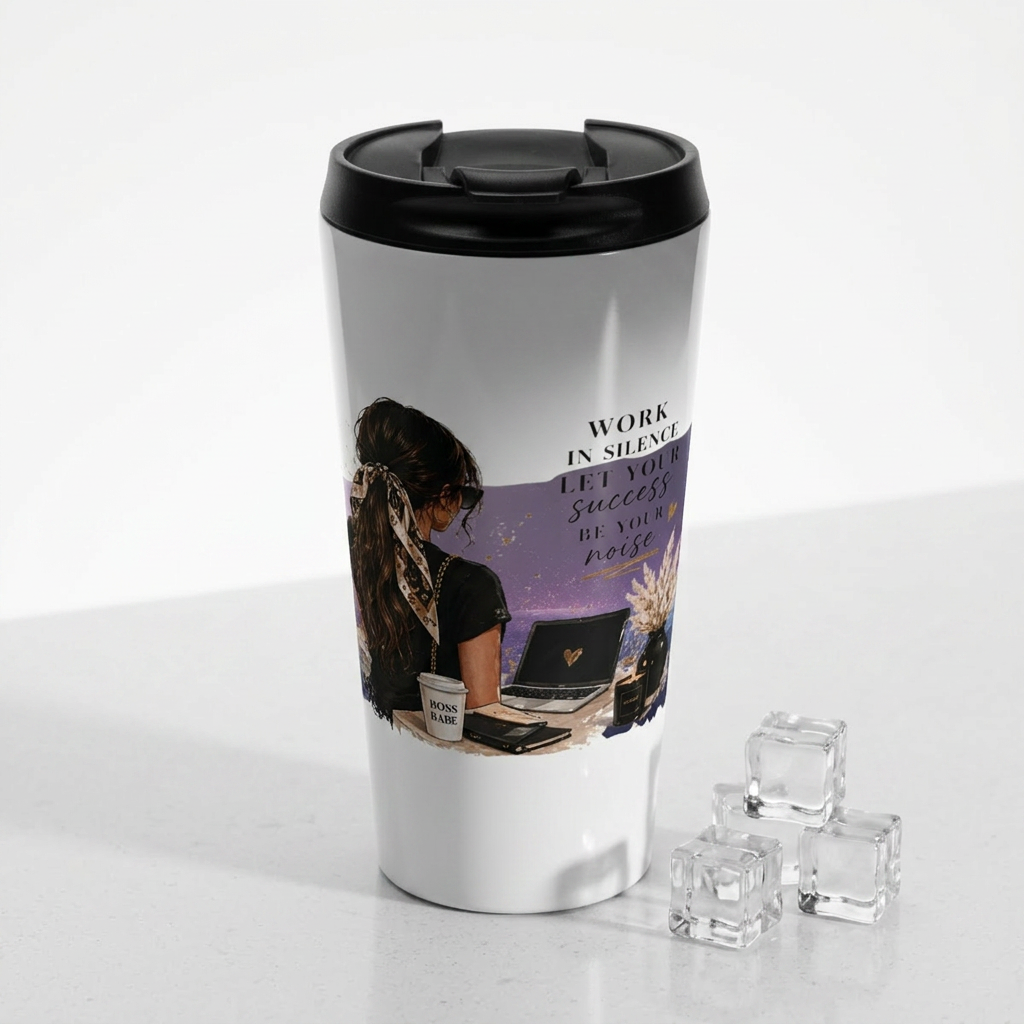 Stainless Steel Travel Mug – "Work in Silence, Let Success" Motivational Office Tumbler